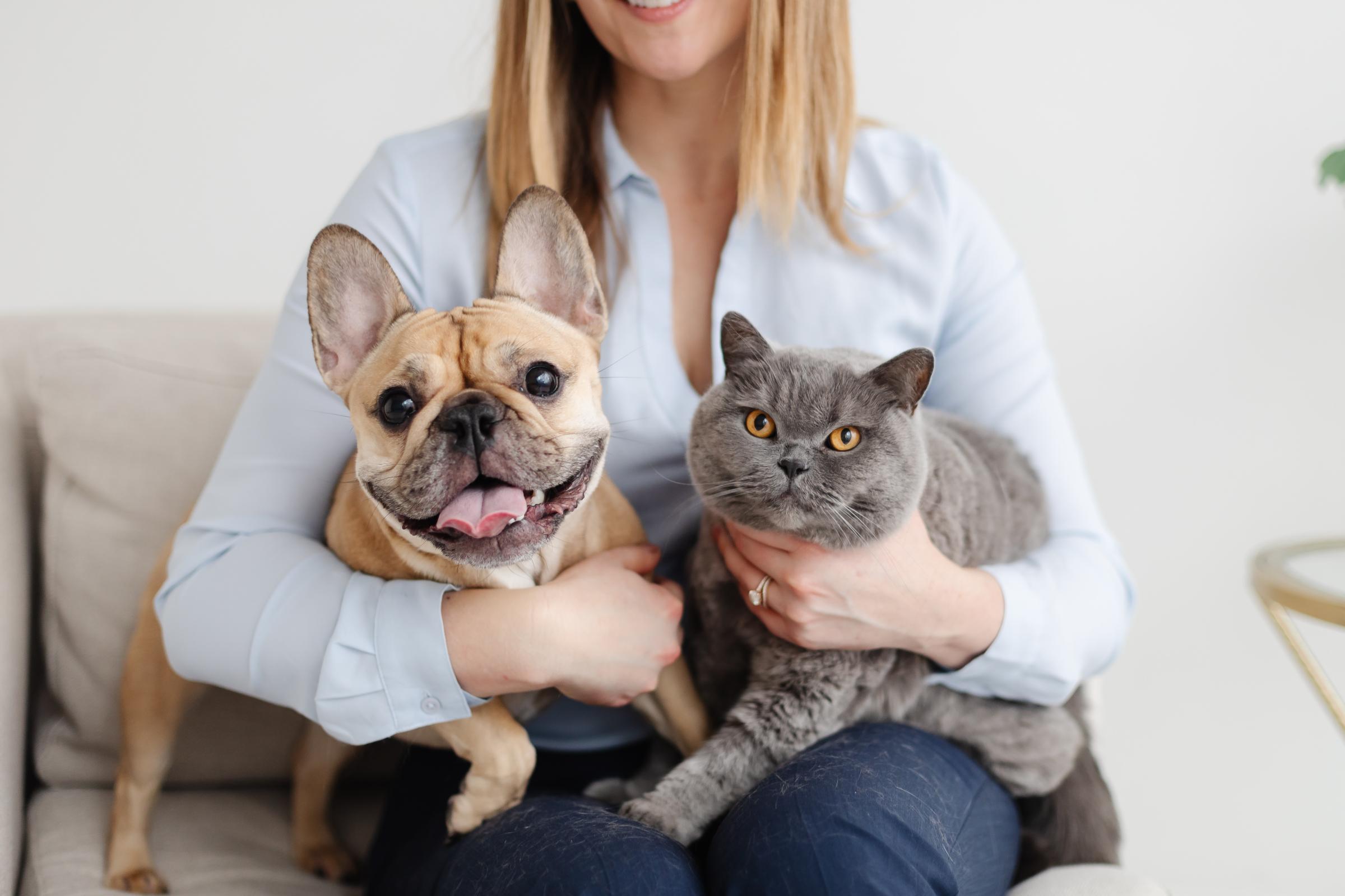Dr. Hamil holding a french bulldog and a cat on her lap.
